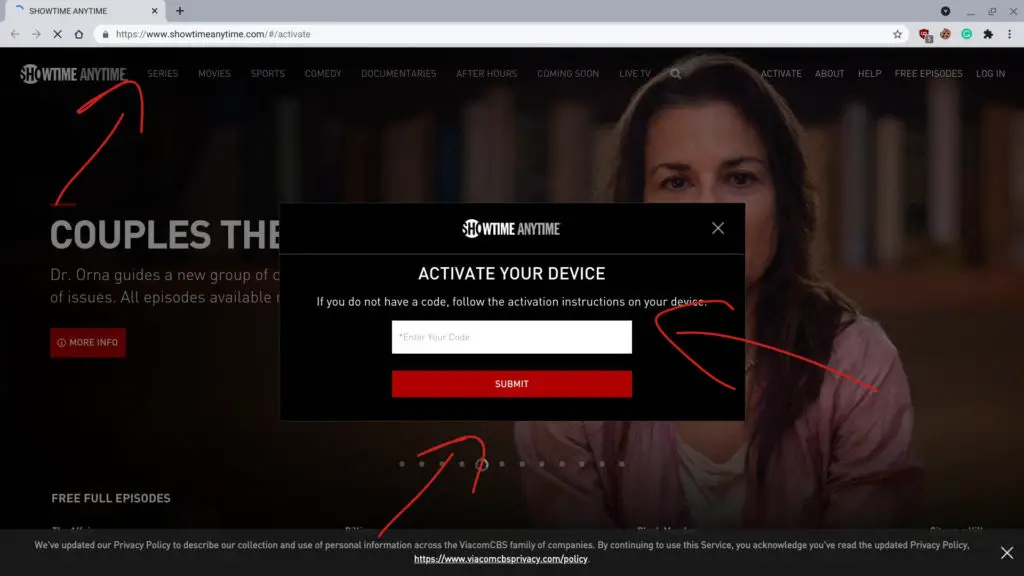 where do I enter my showtime anytime activation code?